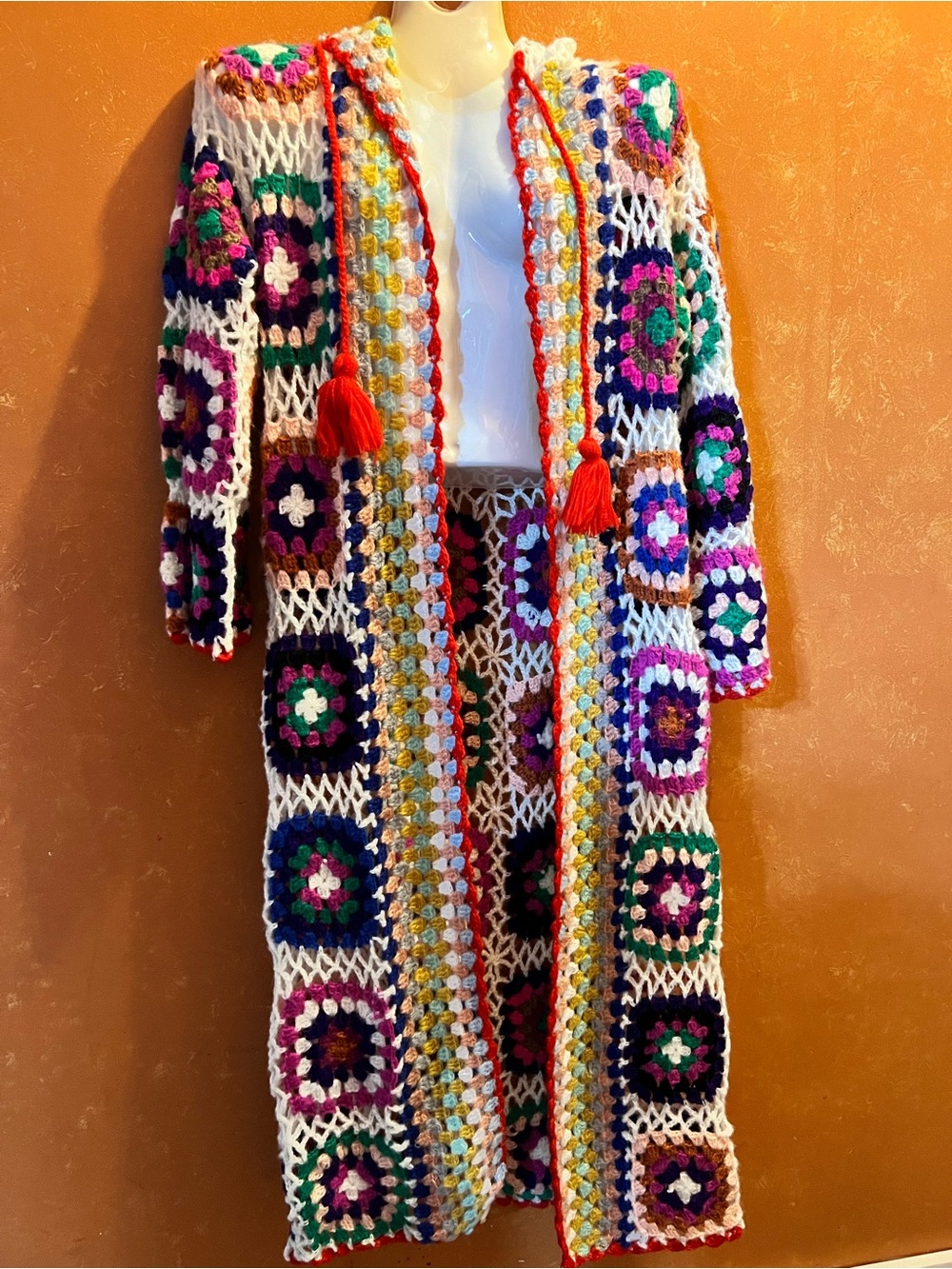 SAACHI white multicolor granny square crochet hooded kimono duster sweater